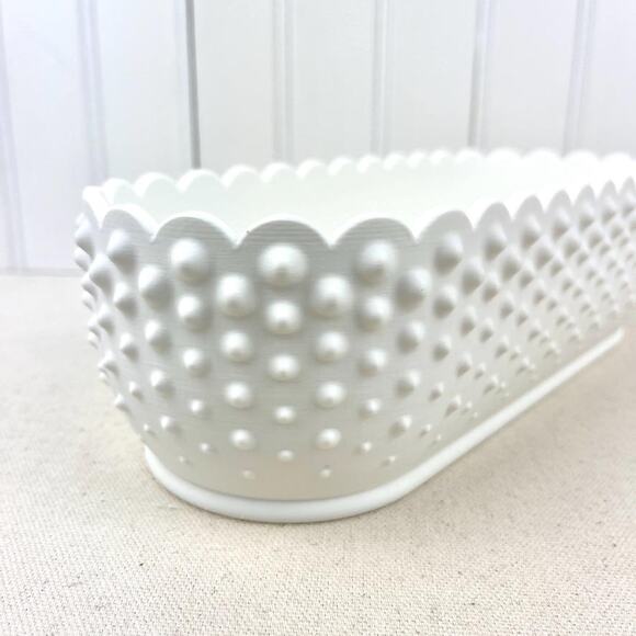 White Hobnail Bowl, Oblong Bowl, Decorative Bowl with Scalloped Edge - Picture 3 of 10